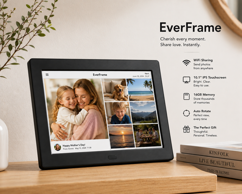 Digital photo frame displaying a collage of images on a wooden surface with 'EverFrame' branding.